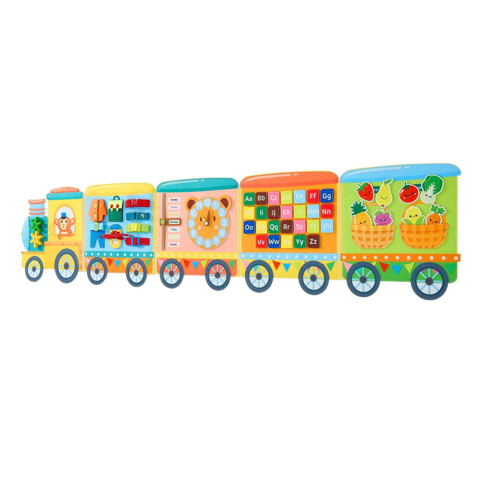 VEVOR Felt Wall Busy Board, 14-in-1 Train Foldable Montessori Activity Toys, Travel Daycare, Classroom, Playroom, Home, Educational Sensory Panel, with Letters Fruits Vegetables Clock Learning Pieces