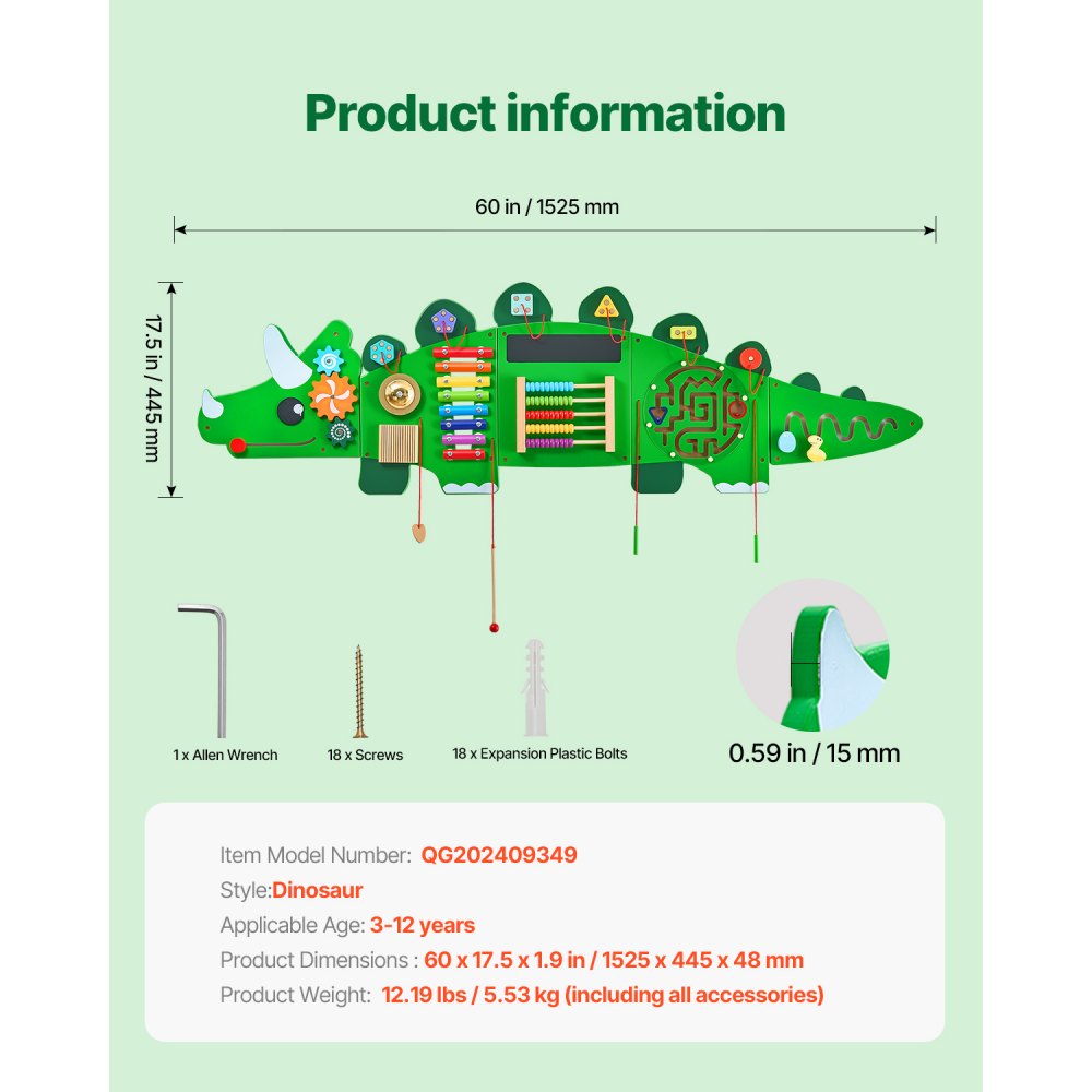 VEVOR Dinosaur Activity Wall Busy Board Panels, 11 Activities, Montessori Sensory Wall Toy for Kids 3-12 Years, Montessori Learning Activity Center, Ideal for Toddler Playroom Nursery Classroom