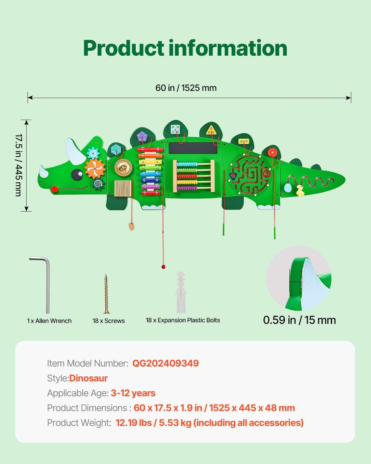 VEVOR Dinosaur Activity Wall Busy Board Panels, 11 Activities, Montessori Sensory Wall Toy for Kids 3-12 Years, Montessori Learning Activity Center, Ideal for Toddler Playroom Nursery Classroom