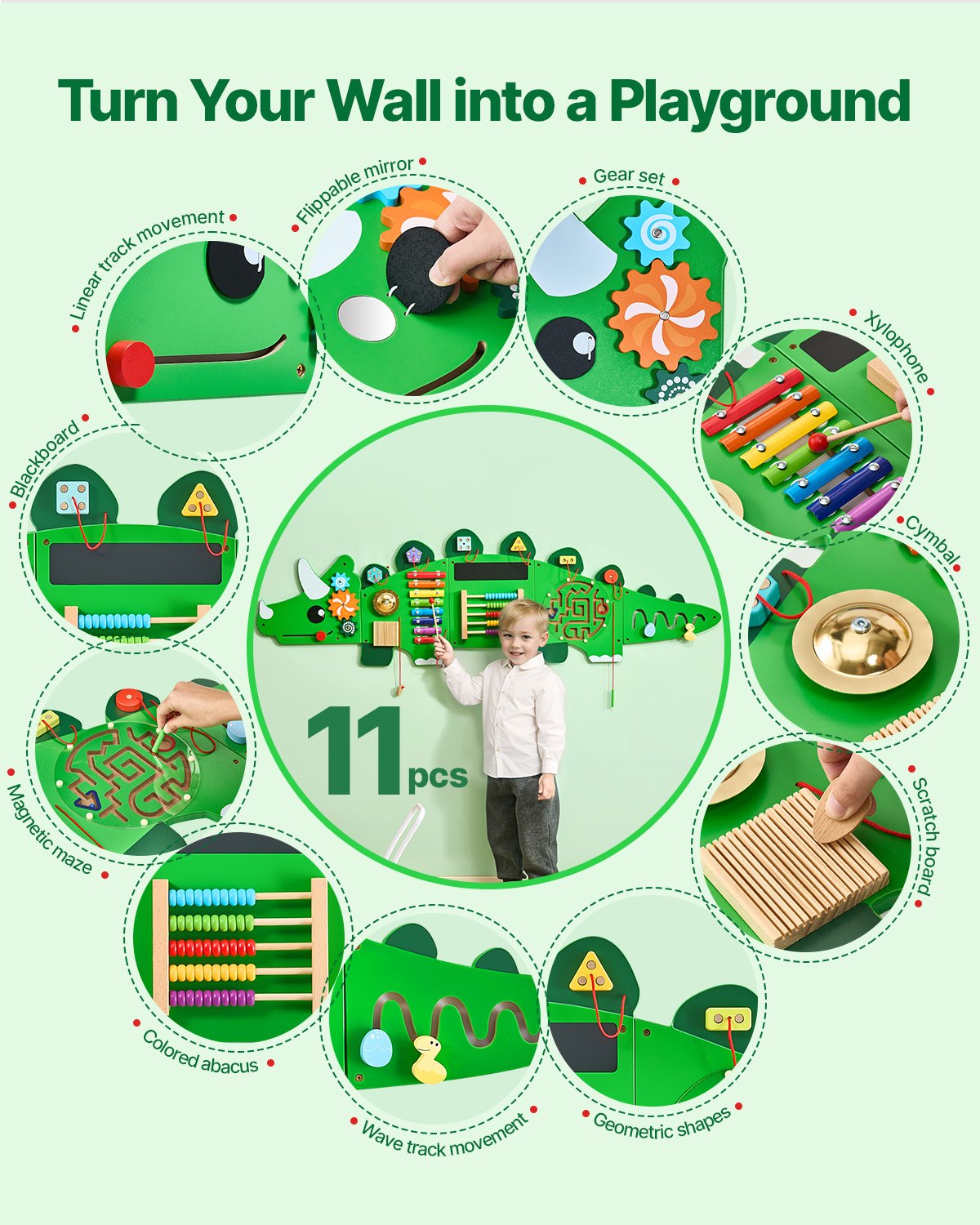 VEVOR Dinosaur Activity Wall Busy Board Panels, 11 Activities, Montessori Sensory Wall Toy for Kids 3-12 Years, Montessori Learning Activity Center, Ideal for Toddler Playroom Nursery Classroom