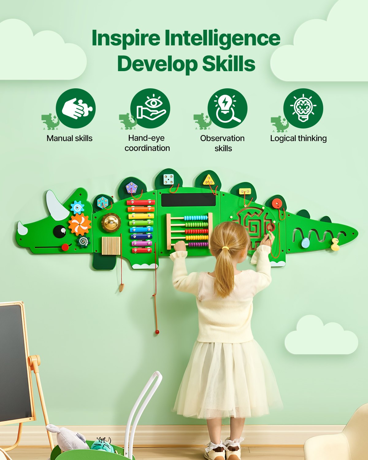 VEVOR Dinosaur Activity Wall Busy Board Panels, 11 Activities, Montessori Sensory Wall Toy for Kids 3-12 Years, Montessori Learning Activity Center, Ideal for Toddler Playroom Nursery Classroom