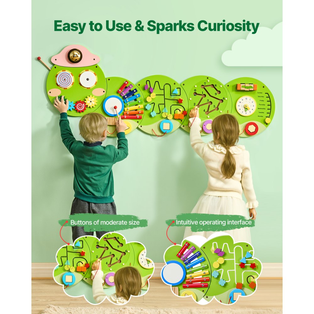 VEVOR Caterpillar Activity Wall Busy Board Panels, 12 Activities, Montessori Sensory Wall Toy for Kids 3-12 Years, Montessori Learning Activity Center, Ideal for Toddler Playroom Nursery Classroom