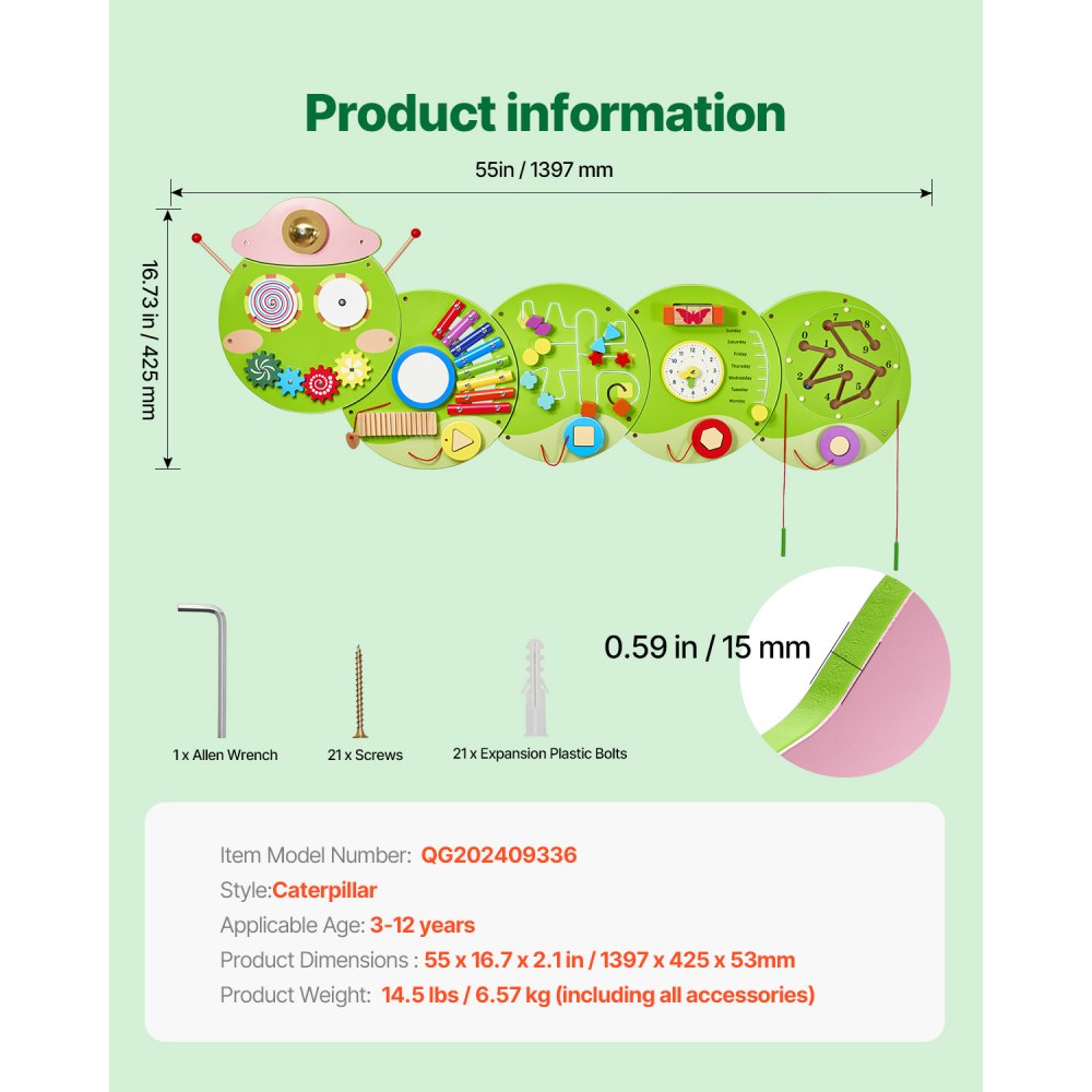 VEVOR Caterpillar Activity Wall Busy Board Panels, 12 Activities, Montessori Sensory Wall Toy for Kids 3-12 Years, Montessori Learning Activity Center, Ideal for Toddler Playroom Nursery Classroom