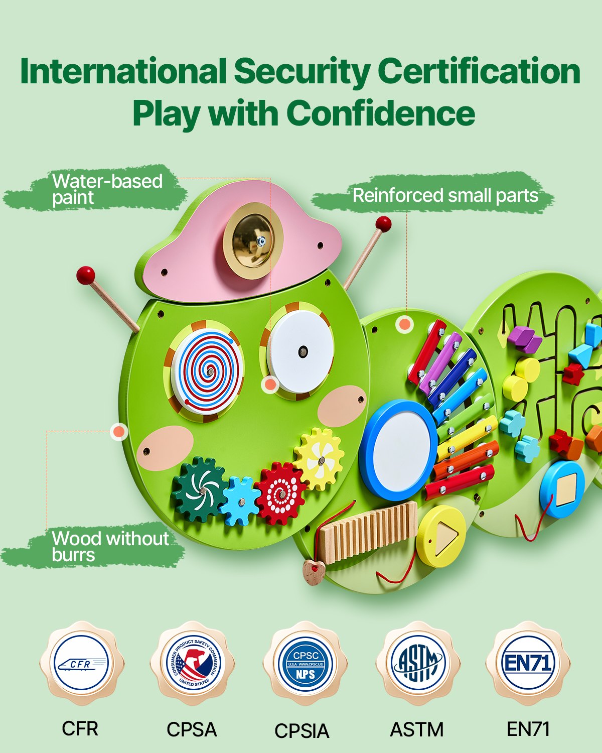 VEVOR Caterpillar Activity Wall Busy Board Panels, 12 Activities, Montessori Sensory Wall Toy for Kids 3-12 Years, Montessori Learning Activity Center, Ideal for Toddler Playroom Nursery Classroom