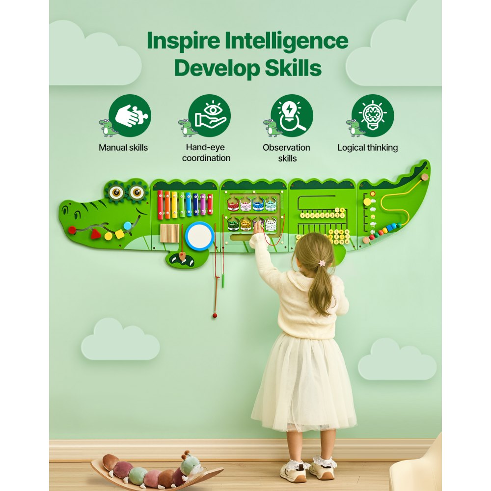 VEVOR Crocodile Activity Wall Busy Board, 9 Activities, Montessori Sensory Wall Panels Toy for Kids Ages 3-12, Interactive Learning Activity Center, Great for Toddler, Playroom, Nursery, Classroom