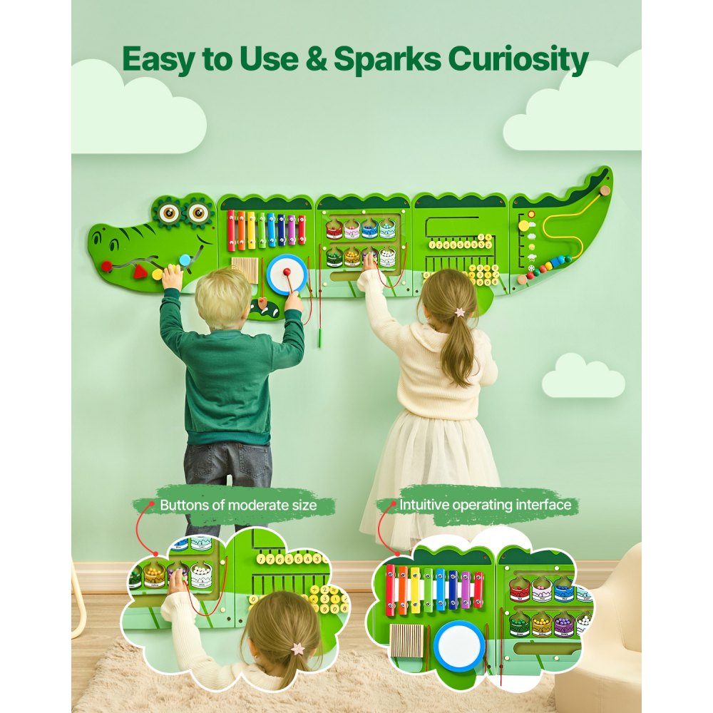 VEVOR Crocodile Activity Wall Busy Board, 9 Activities, Montessori Sensory Wall Panels Toy for Kids Ages 3-12, Interactive Learning Activity Center, Great for Toddler, Playroom, Nursery, Classroom