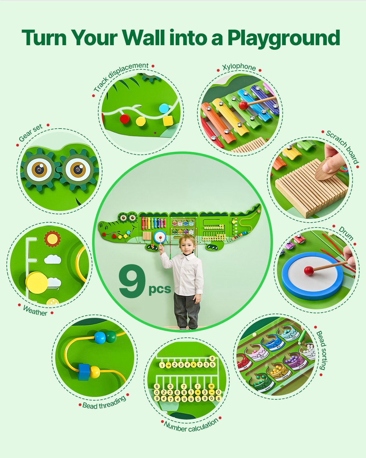VEVOR Crocodile Activity Wall Busy Board, 9 Activities, Montessori Sensory Wall Panels Toy for Kids Ages 3-12, Interactive Learning Activity Center, Great for Toddler, Playroom, Nursery, Classroom