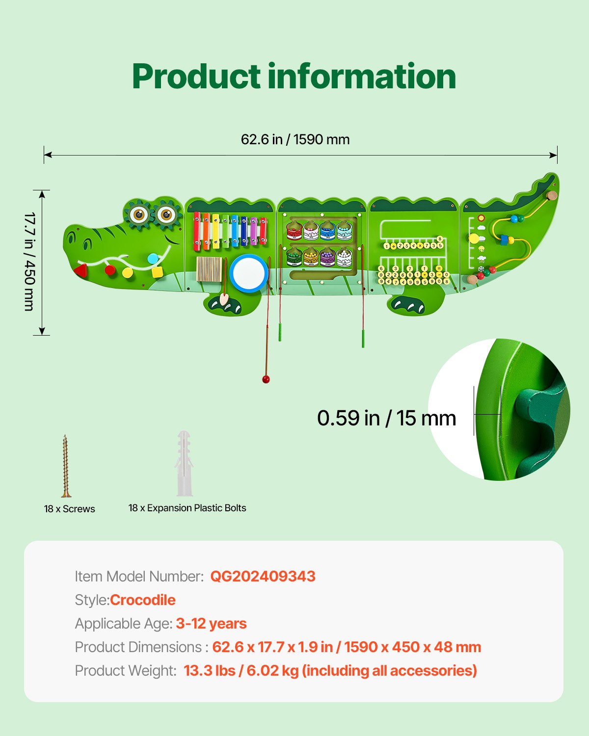 VEVOR Crocodile Activity Wall Busy Board, 9 Activities, Montessori Sensory Wall Panels Toy for Kids Ages 3-12, Interactive Learning Activity Center, Great for Toddler, Playroom, Nursery, Classroom