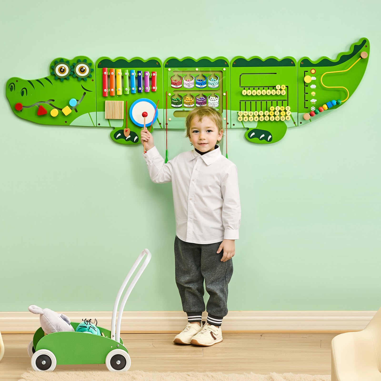 VEVOR Crocodile Activity Wall Busy Board, 9 Activities, Montessori Sensory Wall Panels Toy for Kids Ages 3-12, Interactive Learning Activity Center, Great for Toddler, Playroom, Nursery, Classroom