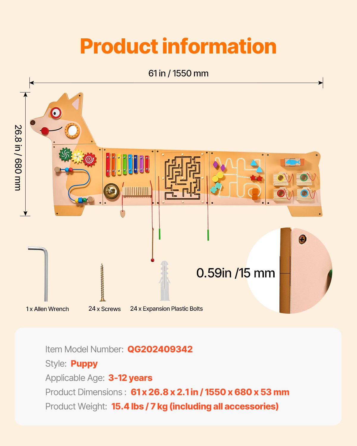 VEVOR Puppy Activity Wall Busy Board Panels, 12 Activities, Montessori Sensory Wall Toy for Kids 3-12 Years, Montessori Learning Activity Center, Ideal for Toddler Playroom Nursery Classroom