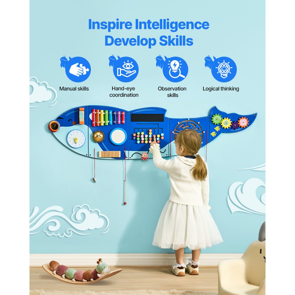 VEVOR Orca Activity Wall Busy Board Panels, 12 Activities, Montessori Sensory Wall Toy for Kids 3-12 Years, Montessori Learning Activity Center, Ideal for Toddler Playroom Nursery Classroom