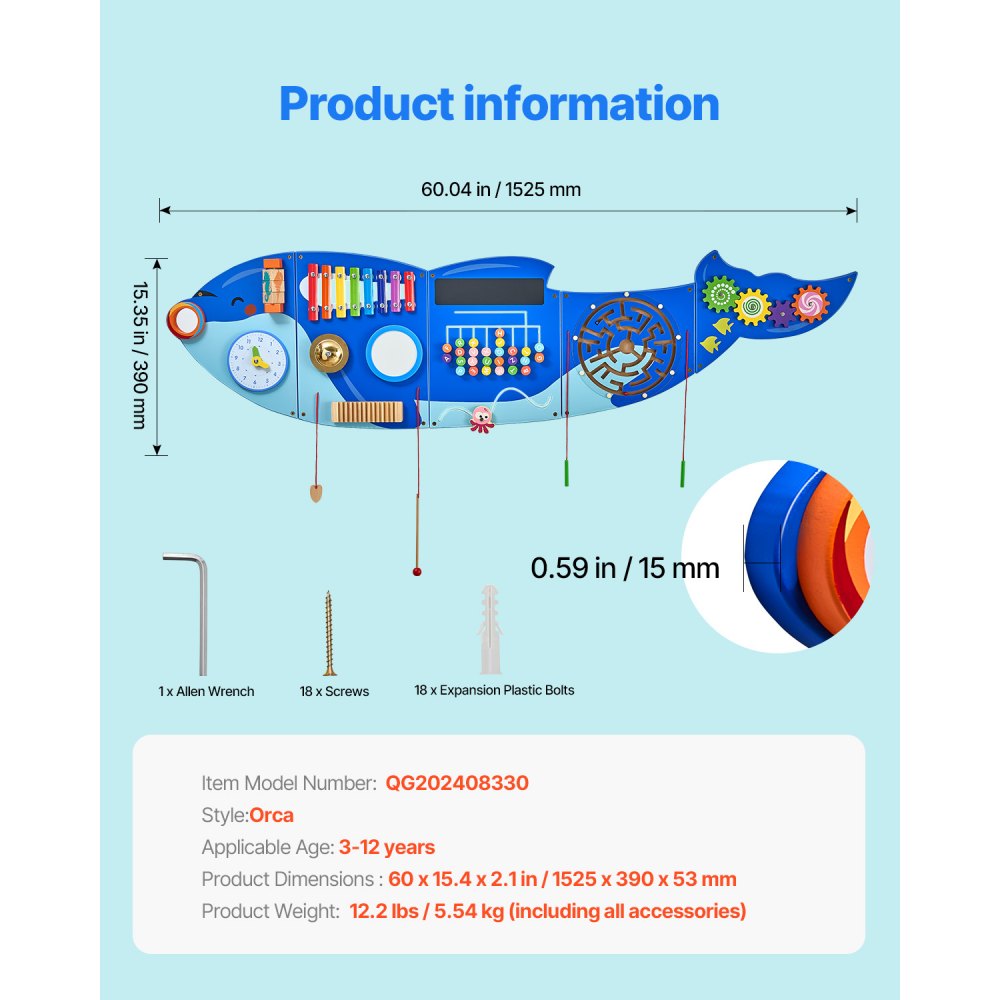 VEVOR Orca Activity Wall Busy Board Panels, 12 Activities, Montessori Sensory Wall Toy for Kids 3-12 Years, Montessori Learning Activity Center, Ideal for Toddler Playroom Nursery Classroom