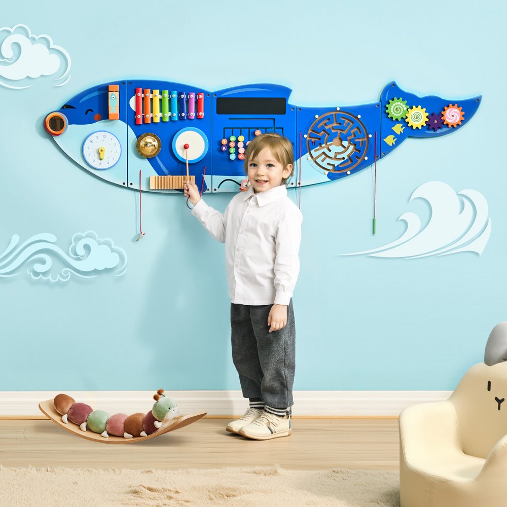 VEVOR Orca Activity Wall Busy Board Panels, 12 Activities, Montessori Sensory Wall Toy for Kids 3-12 Years, Montessori Learning Activity Center, Ideal for Toddler Playroom Nursery Classroom