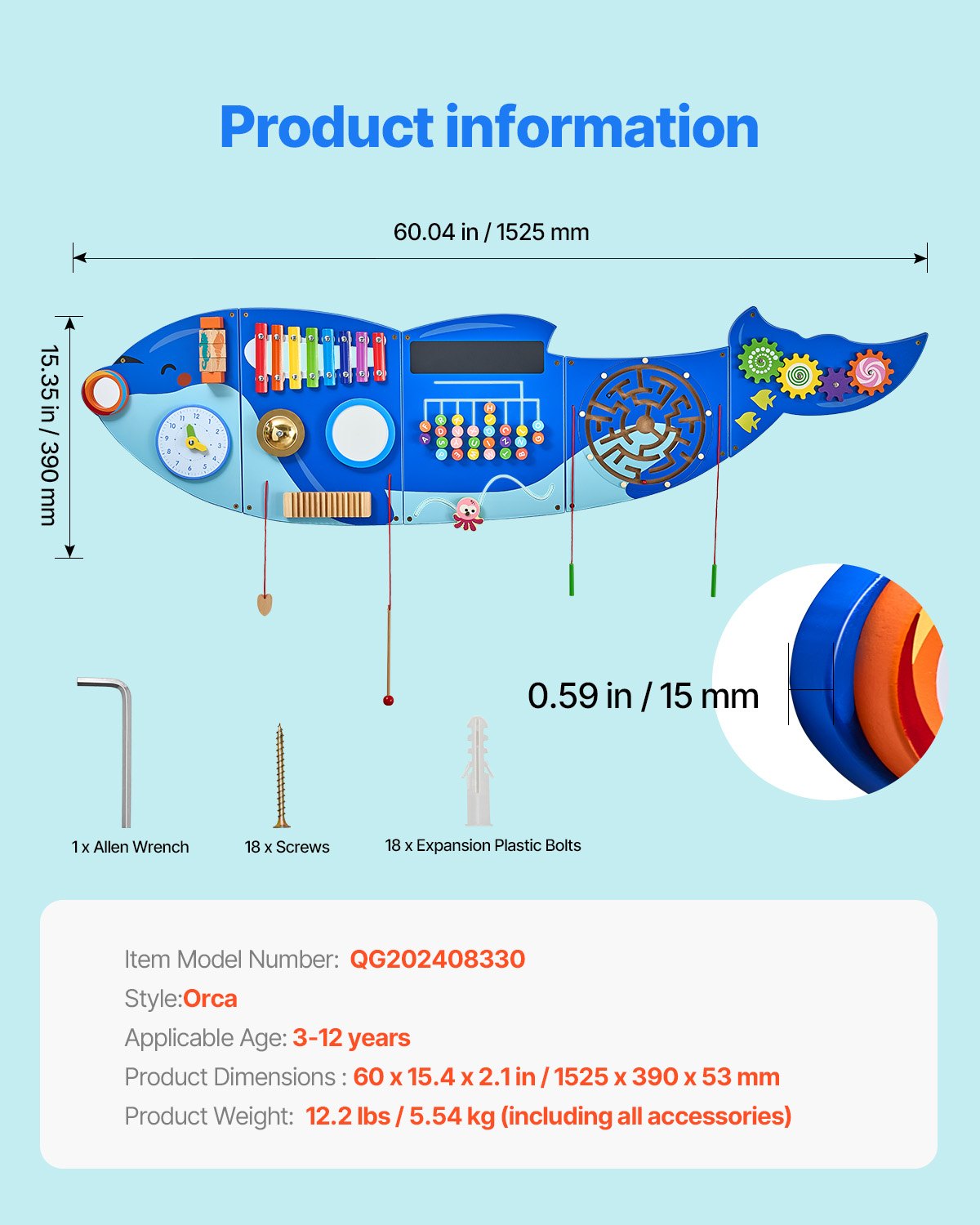 VEVOR Orca Activity Wall Busy Board Panels, 12 Activities, Montessori Sensory Wall Toy for Kids 3-12 Years, Montessori Learning Activity Center, Ideal for Toddler Playroom Nursery Classroom
