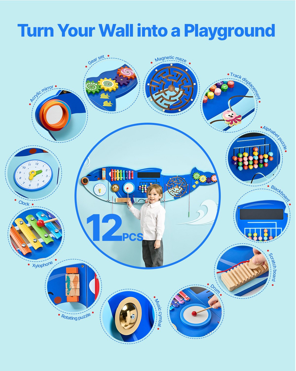 VEVOR Orca Activity Wall Busy Board Panels, 12 Activities, Montessori Sensory Wall Toy for Kids 3-12 Years, Montessori Learning Activity Center, Ideal for Toddler Playroom Nursery Classroom