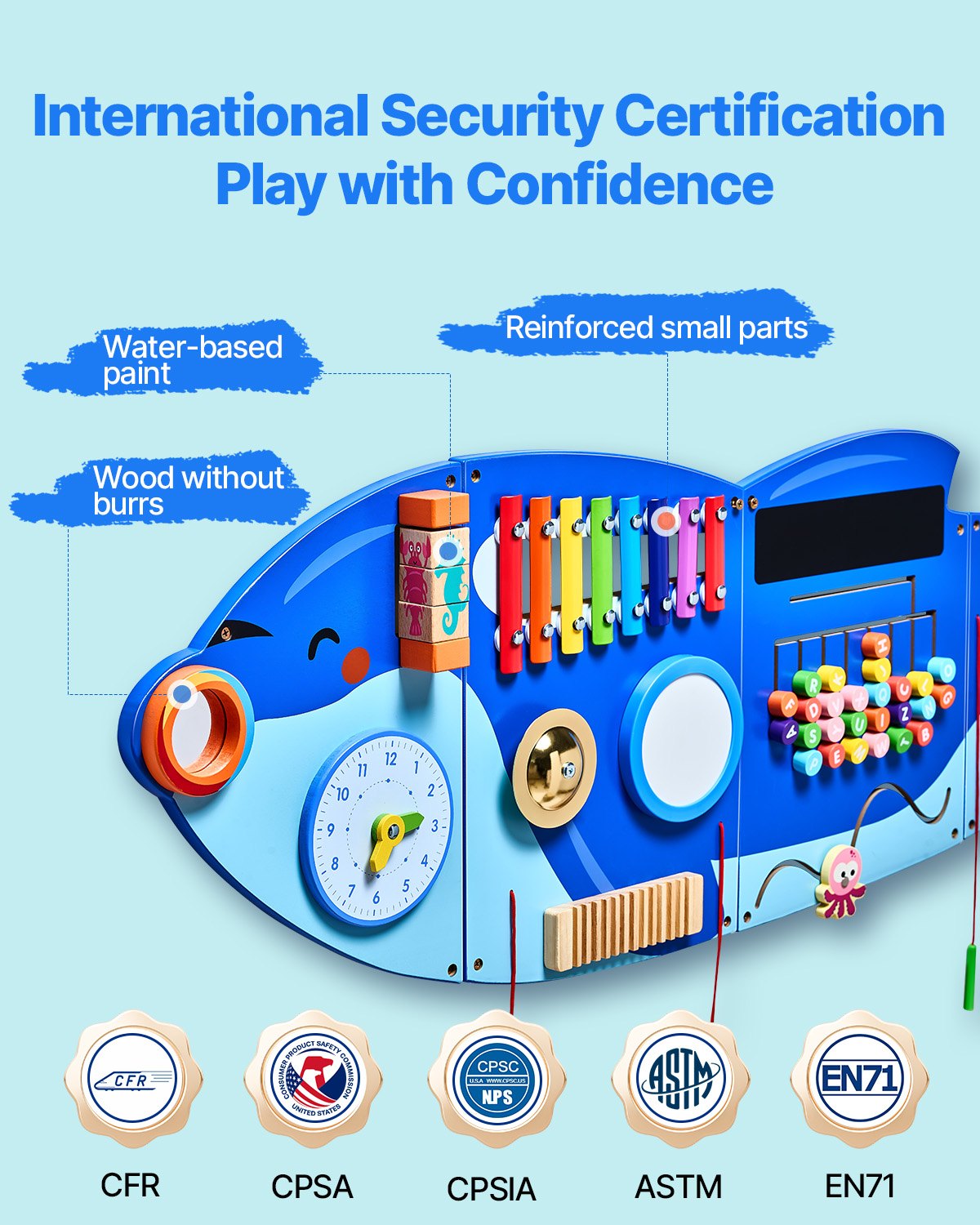 VEVOR Orca Activity Wall Busy Board Panels, 12 Activities, Montessori Sensory Wall Toy for Kids 3-12 Years, Montessori Learning Activity Center, Ideal for Toddler Playroom Nursery Classroom
