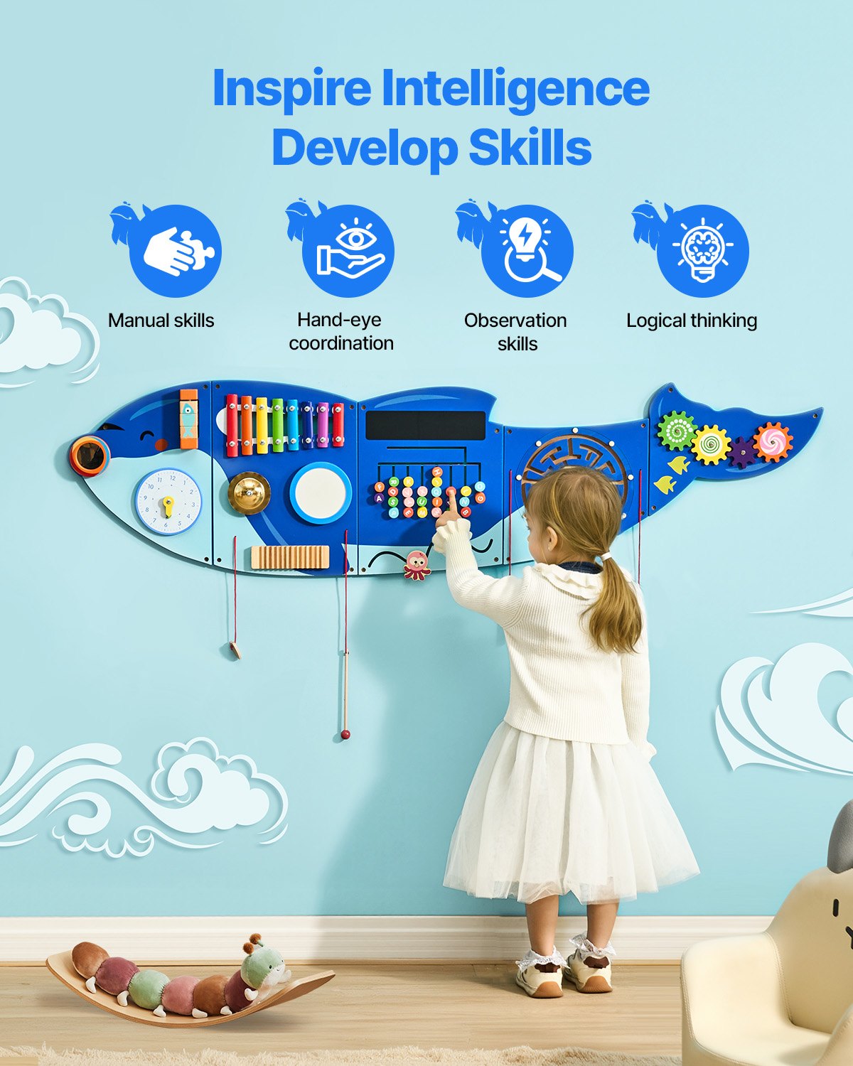 VEVOR Orca Activity Wall Busy Board Panels, 12 Activities, Montessori Sensory Wall Toy for Kids 3-12 Years, Montessori Learning Activity Center, Ideal for Toddler Playroom Nursery Classroom