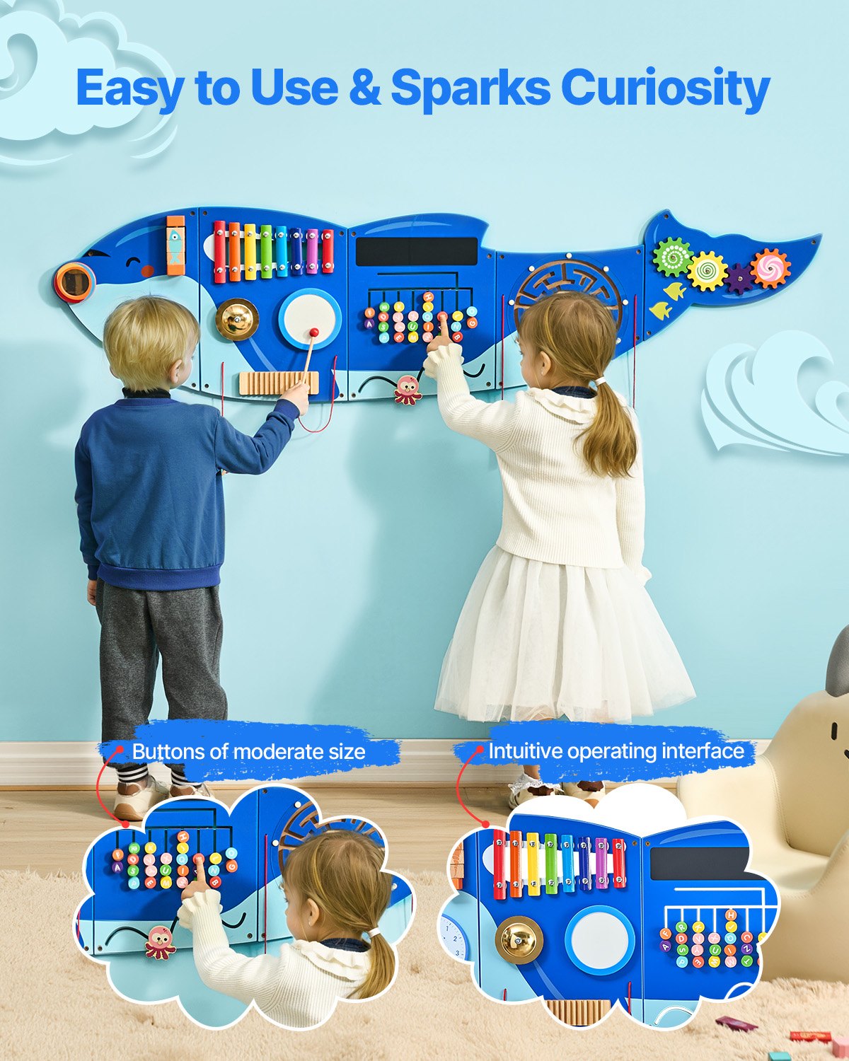 VEVOR Orca Activity Wall Busy Board Panels, 12 Activities, Montessori Sensory Wall Toy for Kids 3-12 Years, Montessori Learning Activity Center, Ideal for Toddler Playroom Nursery Classroom