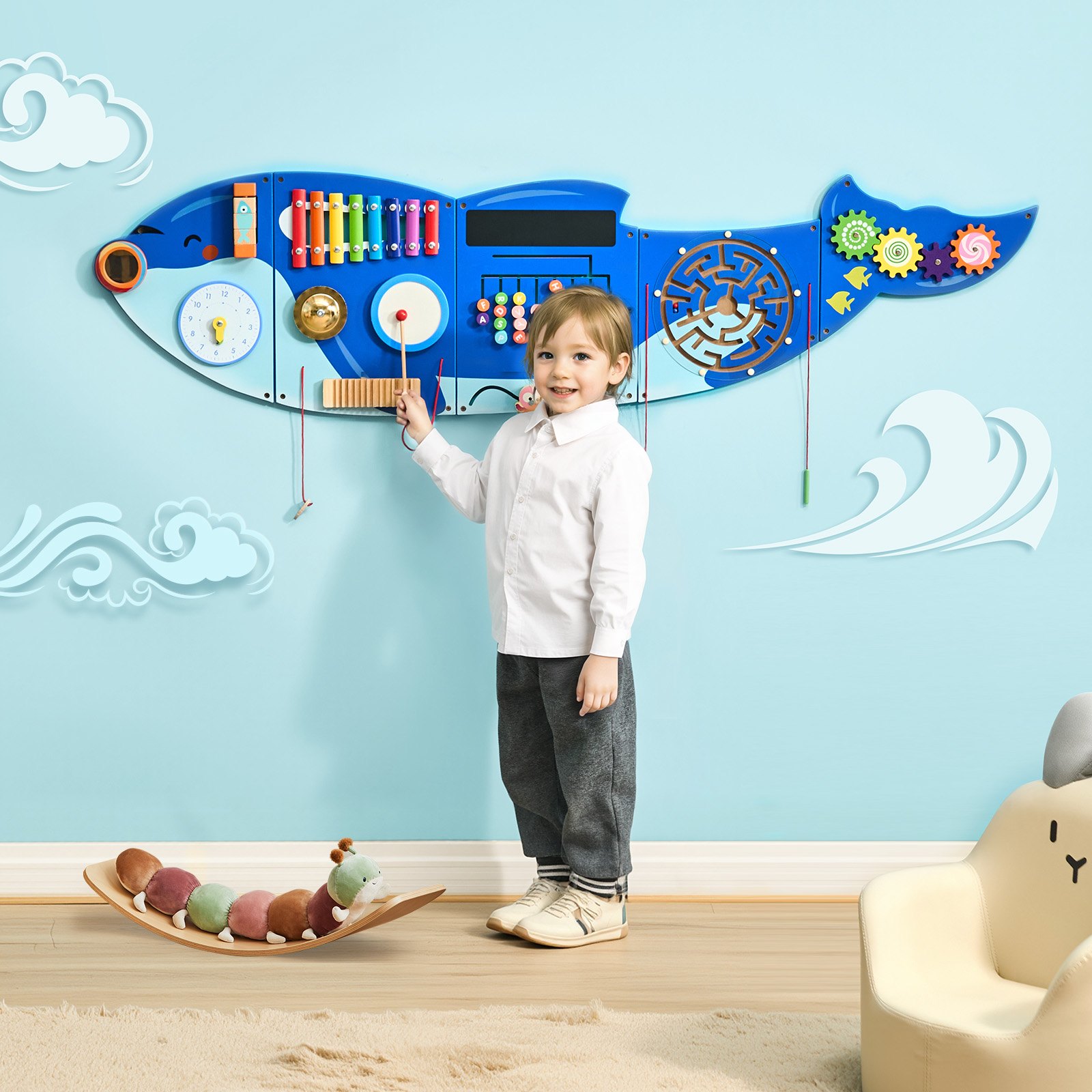 VEVOR Orca Activity Wall Busy Board Panels, 12 Activities, Montessori Sensory Wall Toy for Kids 3-12 Years, Montessori Learning Activity Center, Ideal for Toddler Playroom Nursery Classroom