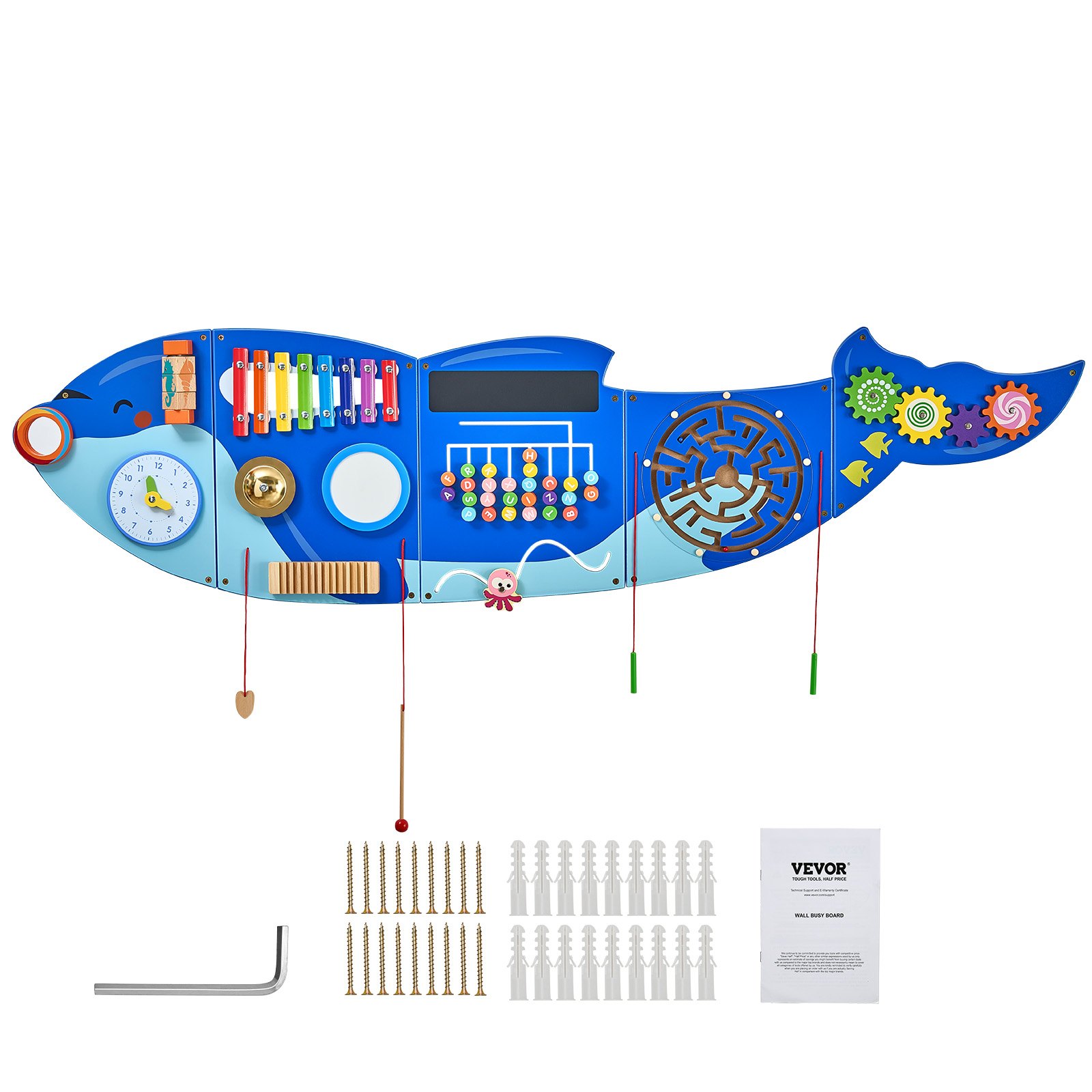 VEVOR Orca Activity Wall Busy Board Panels, 12 Activities, Montessori Sensory Wall Toy for Kids 3-12 Years, Montessori Learning Activity Center, Ideal for Toddler Playroom Nursery Classroom