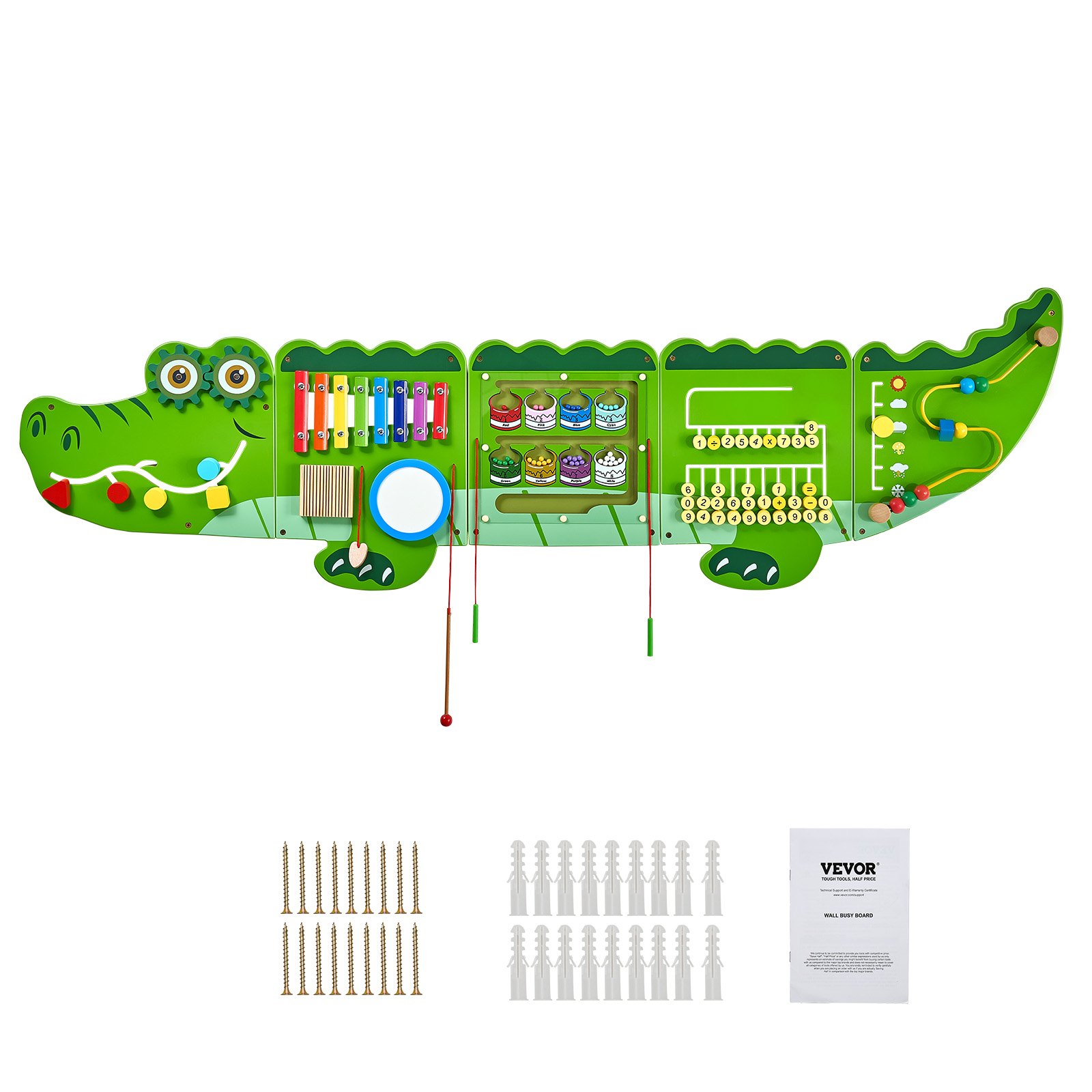 VEVOR Crocodile Activity Wall Busy Board Panels, 9 Activities, Montessori Sensory Wall Toy for Kids 3-12 Years, Montessori Learning Activity Center, Ideal for Toddler Playroom Nursery Classroom