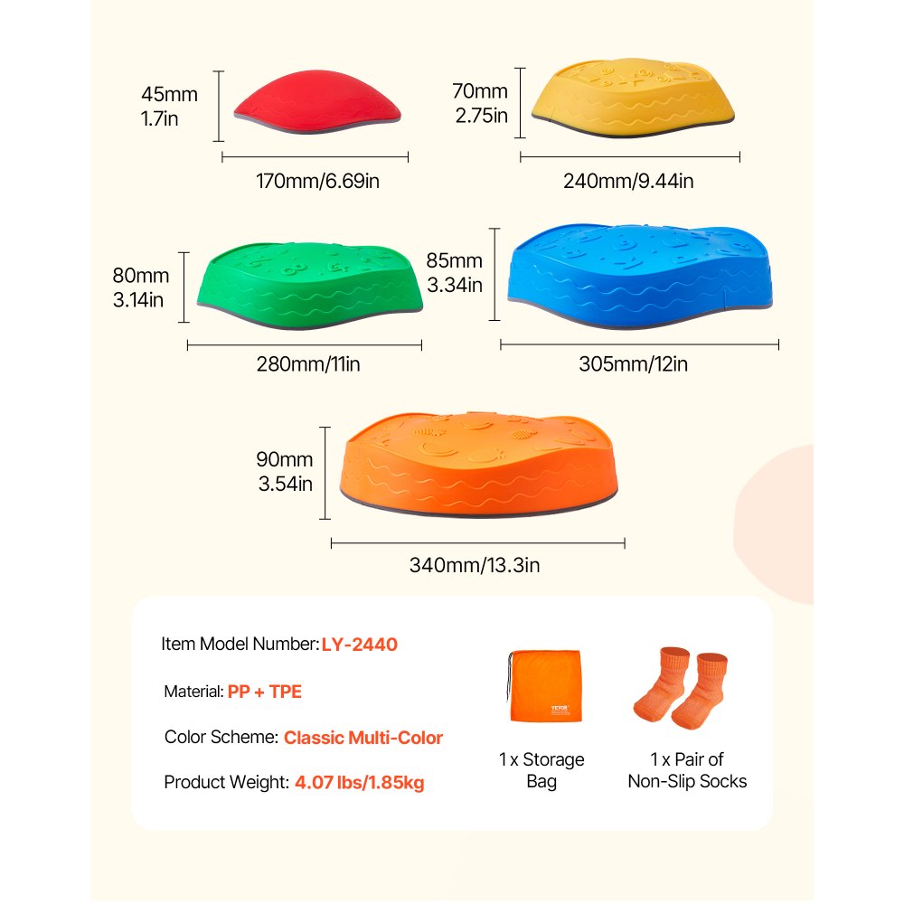 VEVOR Balance Stepping Stones for Kids, 5 PCS, Up to 100 kg, Non-Slip Toddlers Sensory Stepping Stones, Obstacle Course Coordination Game Toys Indoor or Outdoor Play for Children Aged 3 4 5 6 7 8+