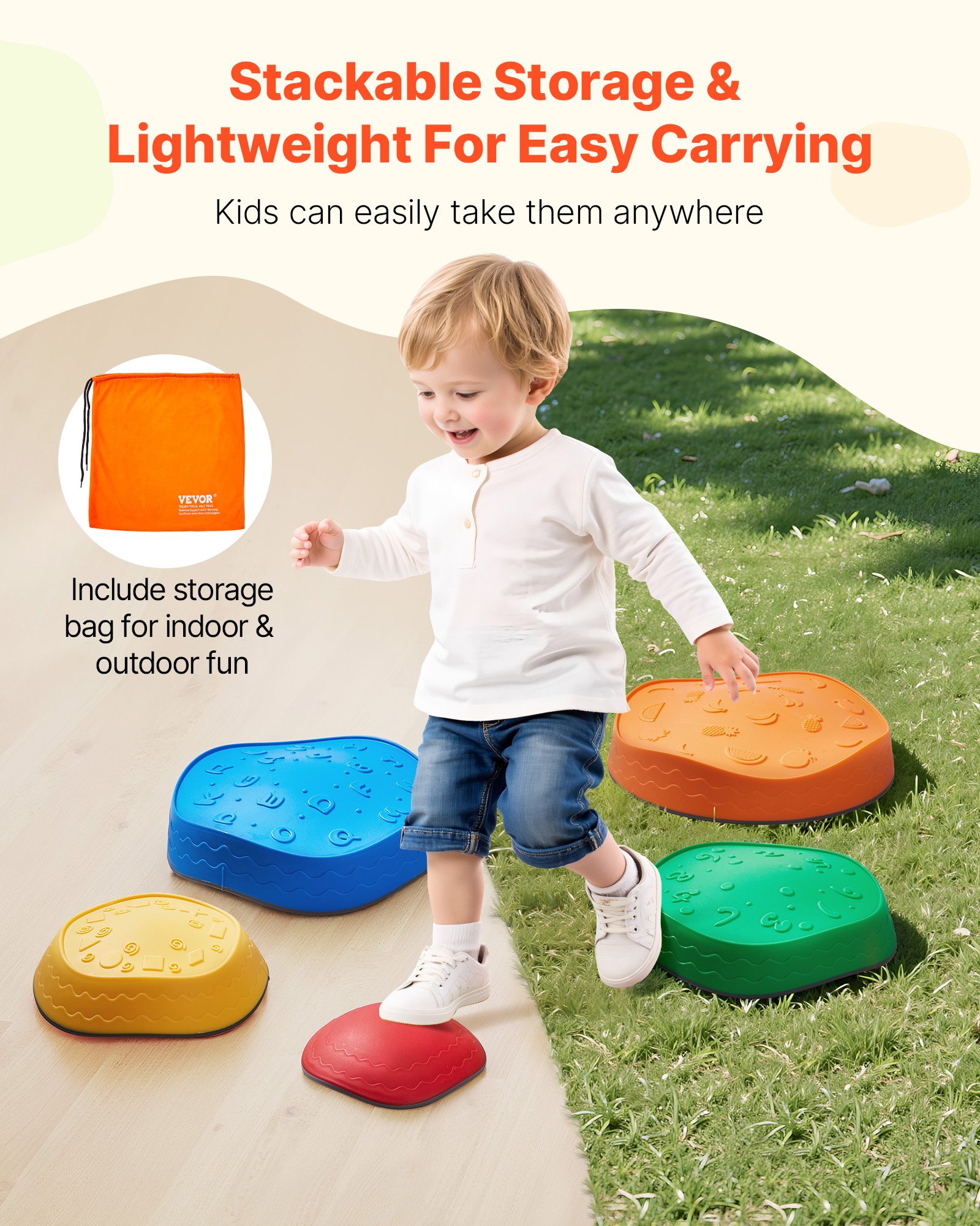 VEVOR Balance Stepping Stones for Kids, 5 PCS, Up to 100 kg, Non-Slip Toddlers Sensory Stepping Stones, Obstacle Course Coordination Game Toys Indoor or Outdoor Play for Children Aged 3 4 5 6 7 8+
