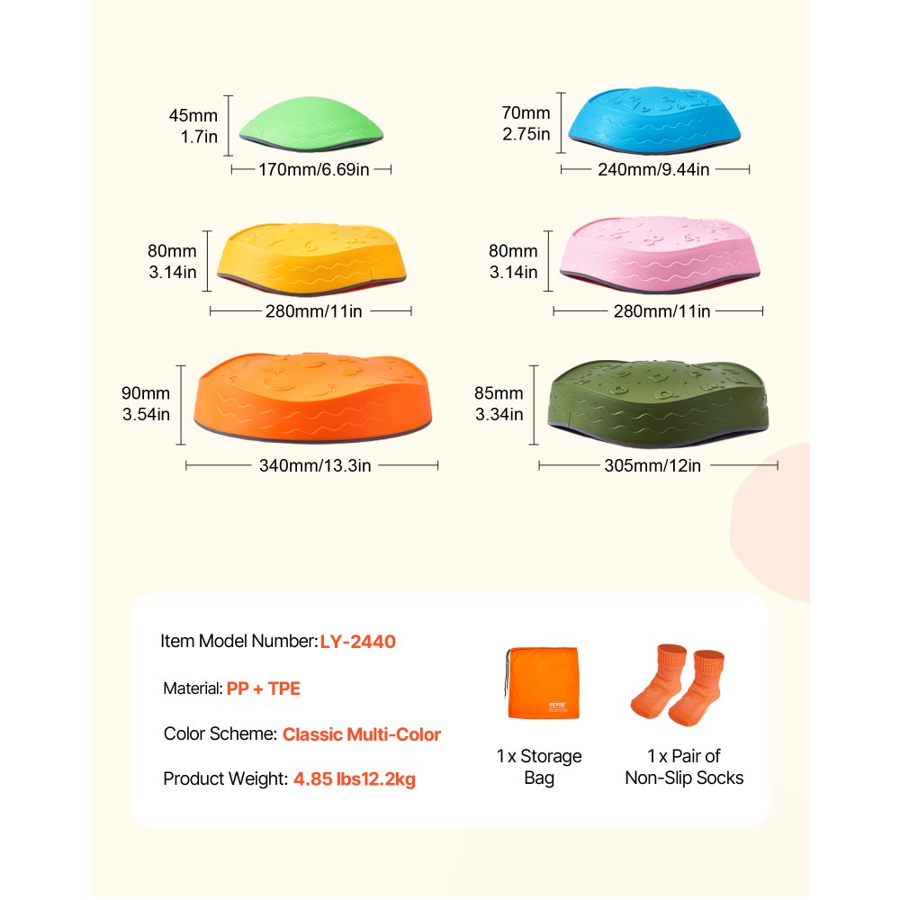 VEVOR Balance Stepping Stones for Kids, 6 PCS, Up to 100 kg, Non-Slip Toddlers Sensory Stepping Stones, Obstacle Course Coordination Game Toys Indoor or Outdoor Play for Children Aged 3 4 5 6 7 8+