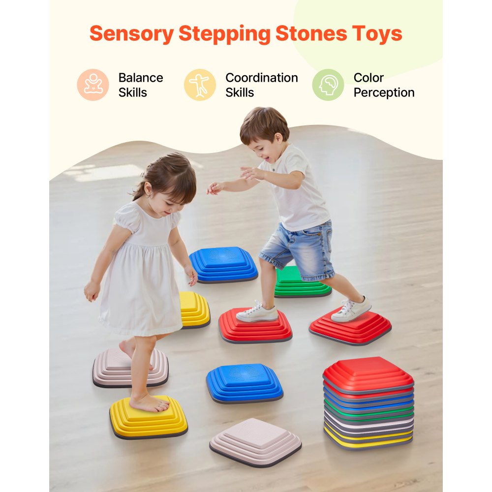 VEVOR Balance Stepping Stones for Kids, 10 PCS, Up to 220 lbs, Non-Slip Toddlers Sensory Stepping Stones, Obstacle Course Coordination Game Toys Indoor or Outdoor Play for Children Aged 3 4 5 6 7 8+