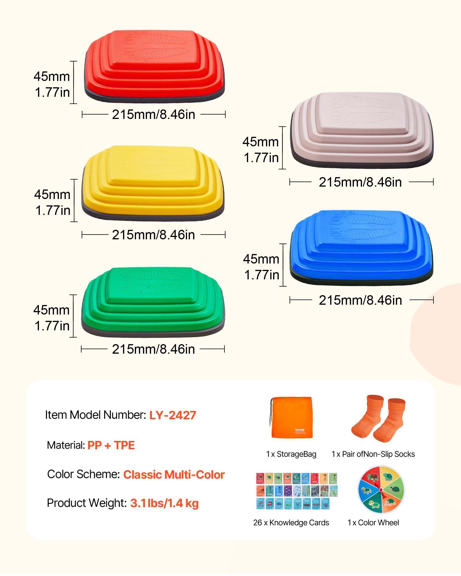 VEVOR Balance Stepping Stones for Kids, 10 PCS, Up to 220 lbs, Non-Slip Toddlers Sensory Stepping Stones, Obstacle Course Coordination Game Toys Indoor or Outdoor Play for Children Aged 3 4 5 6 7 8+