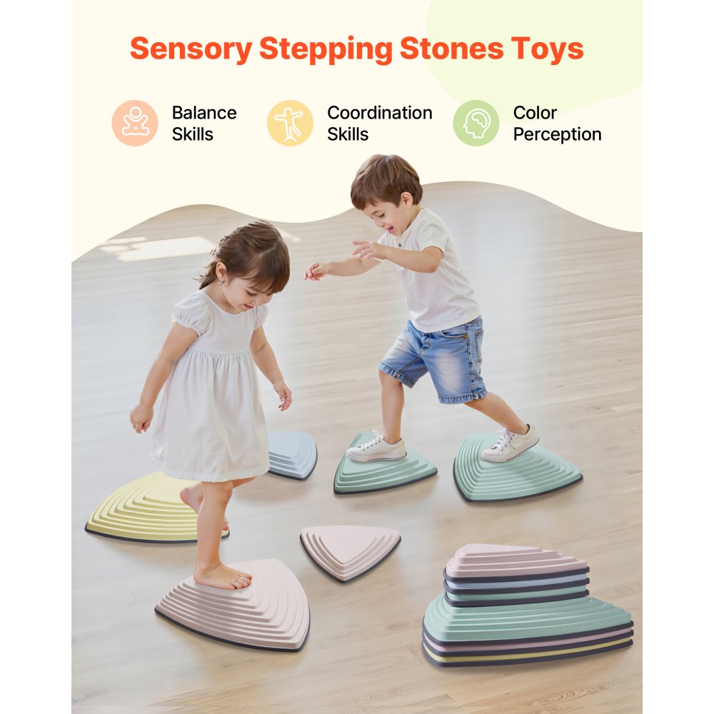 VEVOR Balance Stepping Stones for Kids, 6 PCS, Up to 100 kg, Non-Slip Toddlers Sensory Stepping Stones, Obstacle Course Coordination Game Toys Indoor or Outdoor Play for Children Aged 3 4 5 6 7 8+