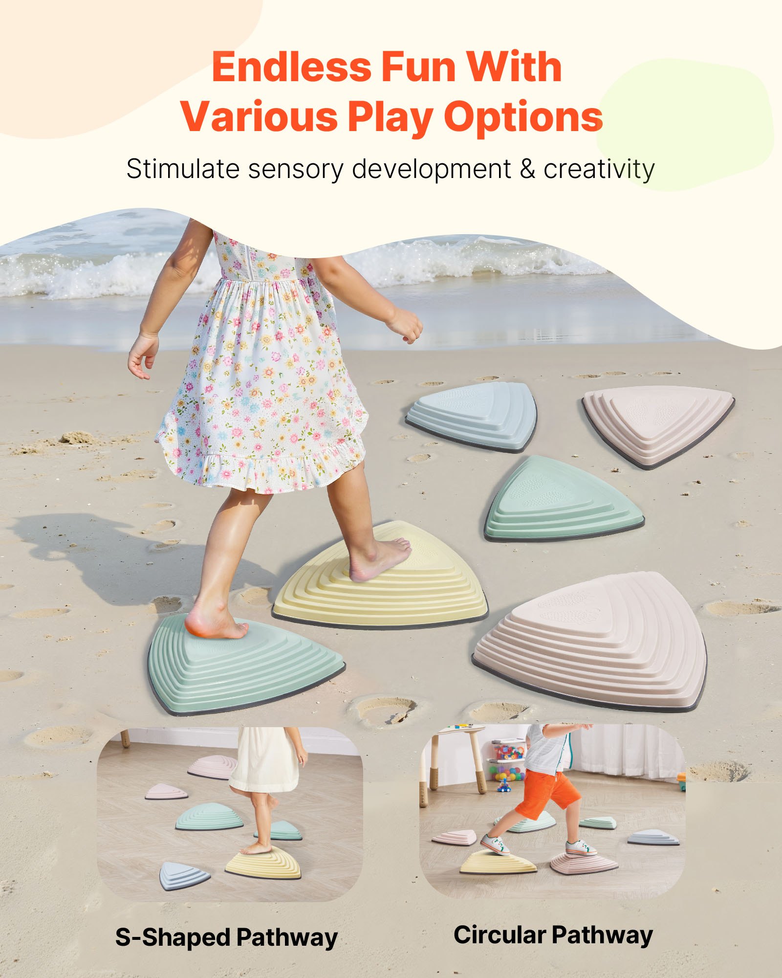 VEVOR Balance Stepping Stones for Kids, 6 PCS, Up to 100 kg, Non-Slip Toddlers Sensory Stepping Stones, Obstacle Course Coordination Game Toys Indoor or Outdoor Play for Children Aged 3 4 5 6 7 8+