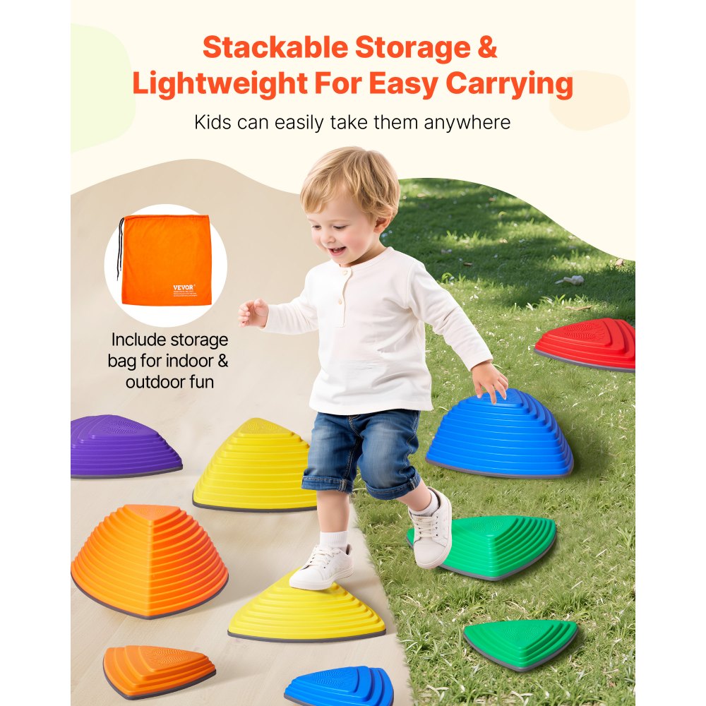 VEVOR Balance Stepping Stones for Kids, 12 PCS, Up to 100 kg, Non-Slip Toddlers Sensory Stepping Stones, Obstacle Course Coordination Game Toys Indoor or Outdoor Play for Children Aged 3 4 5 6 7 8+