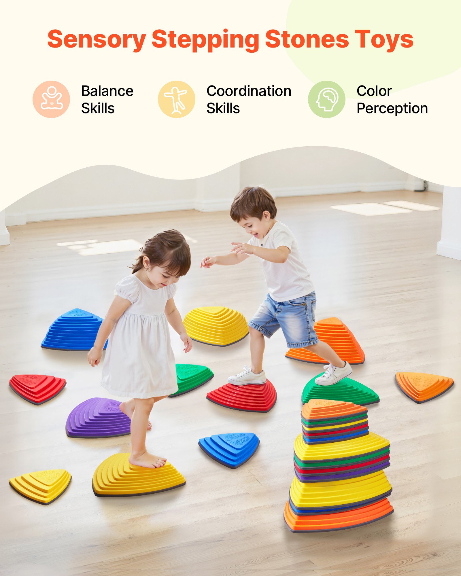 VEVOR Balance Stepping Stones for Kids, 12 PCS, Up to 100 kg, Non-Slip Toddlers Sensory Stepping Stones, Obstacle Course Coordination Game Toys Indoor or Outdoor Play for Children Aged 3 4 5 6 7 8+