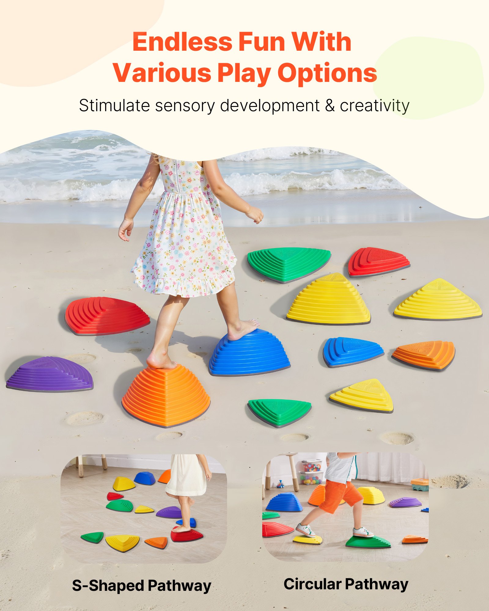 VEVOR Balance Stepping Stones for Kids, 12 PCS, Up to 100 kg, Non-Slip Toddlers Sensory Stepping Stones, Obstacle Course Coordination Game Toys Indoor or Outdoor Play for Children Aged 3 4 5 6 7 8+