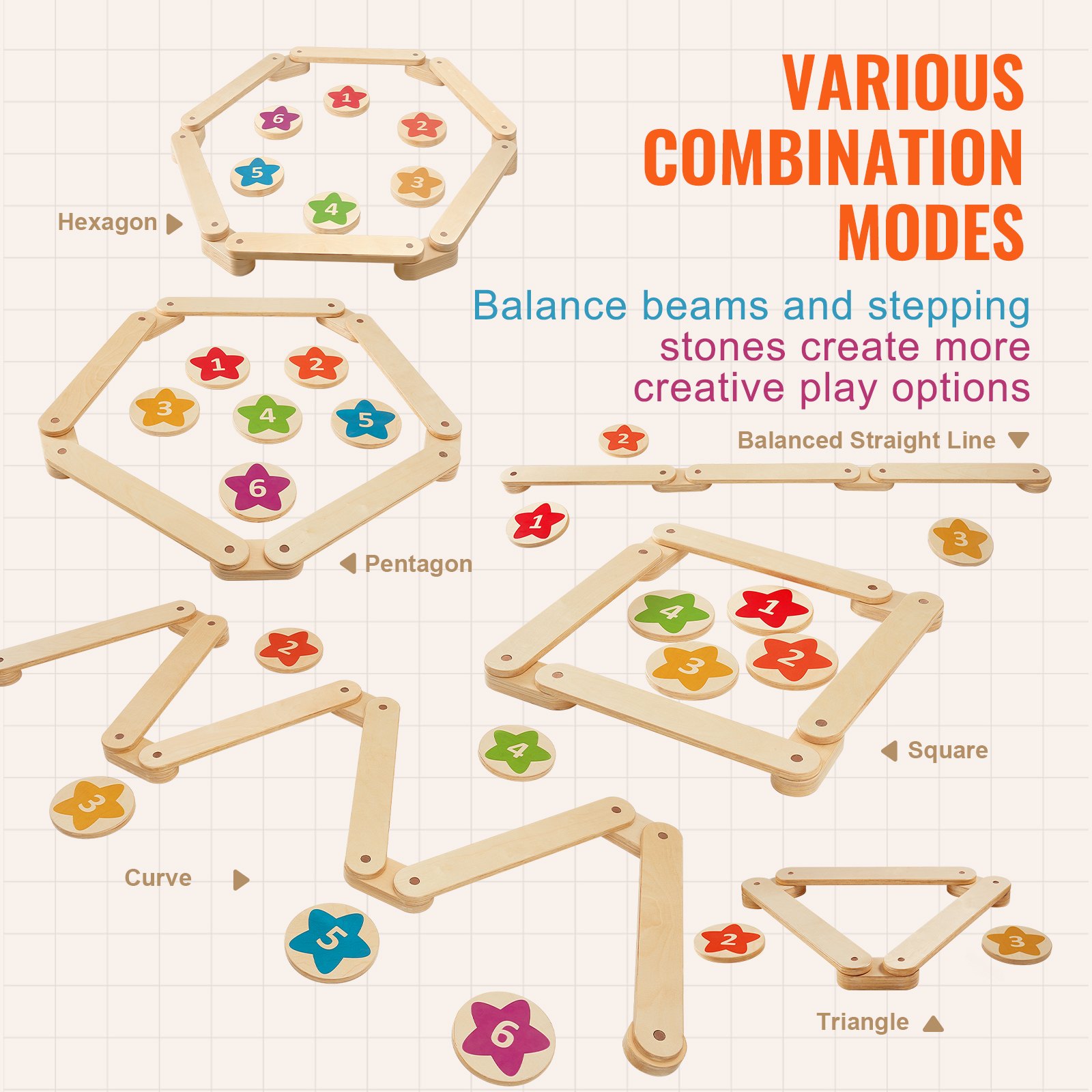 VEVOR Balance Beam Stepping Stones, 6 PCS Wooden Toddler Balance Boards, Montessori Toy for Kids 2-6, Build Coordination and Gross Motor Skills, Gymnastics Course Indoor & Outdoor for Girls Boys Gift