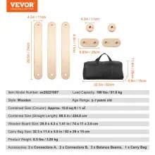 VEVOR Balance Beam Stepping Stones, 3 PCS Wooden Toddler Balance Boards, Montessori Toy for Kids 2-6, Build Coordination and Gross Motor Skills, Gymnastics Course Indoor & Outdoor for Girls Boys Gift