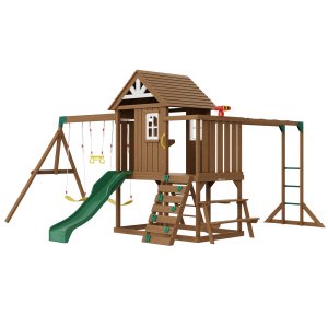 VEVOR Wooden Swing Set, 10 IN 1 Playground Sets for Backyards, 2 Swings, Trapeze Bar, 6FT Slide, Large Upper Fort with Kitchen Toys, Flat Step Ladder, Rock Wall, Picnic Table, Sandbox, Scaling Ladder | VEVOR US
