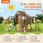 VEVOR Wooden Swing Set, 10 IN 1 Playground Sets for Backyards, 2 Swings, Trapeze Bar, 6FT Slide, Large Upper Fort with Kitchen Toys, Flat Step Ladder, Rock Wall, Picnic Table, Sandbox, Scaling Ladder