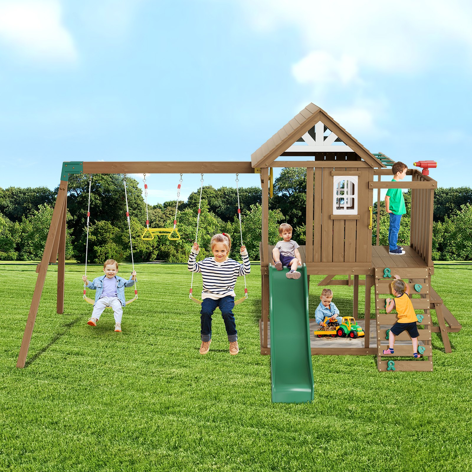 VEVOR Wooden Swing Set, 10 IN 1 Playground Sets for Backyards, 2 Swings, Trapeze Bar, 6FT Slide, Large Upper Fort with Kitchen Toys, Flat Step Ladder, Rock Wall, Picnic Table, Sandbox, Scaling Ladder