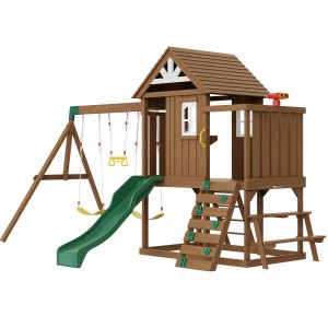 VEVOR Wooden Swing Set, 9 IN 1 Outdoor Playground Sets for Backyards, 2 Swings, Trapeze Bar, 6 FT Slide, Large Upper Fort with Kitchen Toys, Flat Step Ladder, Rock Wall, Picnic Table, Sandbox | VEVOR US