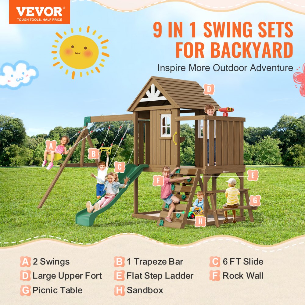 VEVOR Wooden Swing Set, 9 IN 1 Outdoor Playground Sets for Backyards, 2 Swings, Trapeze Bar, 6 FT Slide, Large Upper Fort with Kitchen Toys, Flat Step Ladder, Rock Wall, Picnic Table, Sandbox