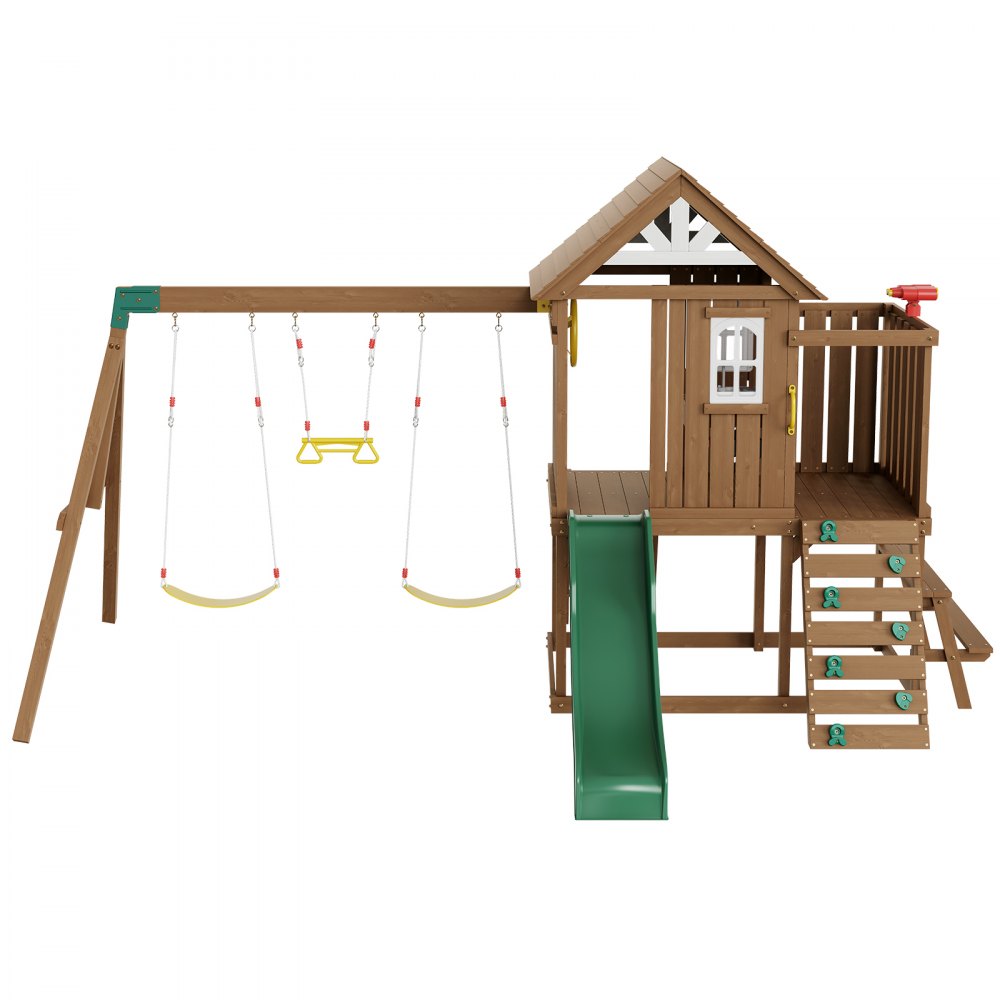 VEVOR Wooden Swing Set, 9 IN 1 Outdoor Playground Sets for Backyards, 2 Swings, Trapeze Bar, 6 FT Slide, Large Upper Fort with Kitchen Toys, Flat Step Ladder, Rock Wall, Picnic Table, Sandbox