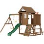 VEVOR Wooden Swing Set, 9 IN 1 Outdoor Playground Sets for Backyards, 2 Swings, Trapeze Bar, 6 FT Slide, Large Upper Fort with Kitchen Toys, Flat Step Ladder, Rock Wall, Picnic Table, Sandbox