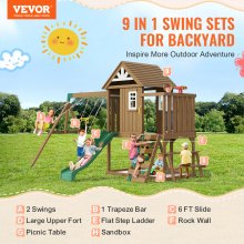 VEVOR Wooden Swing Set 9 IN 1 Outdoor Playground Sets 6 FT Slide Upper Fort