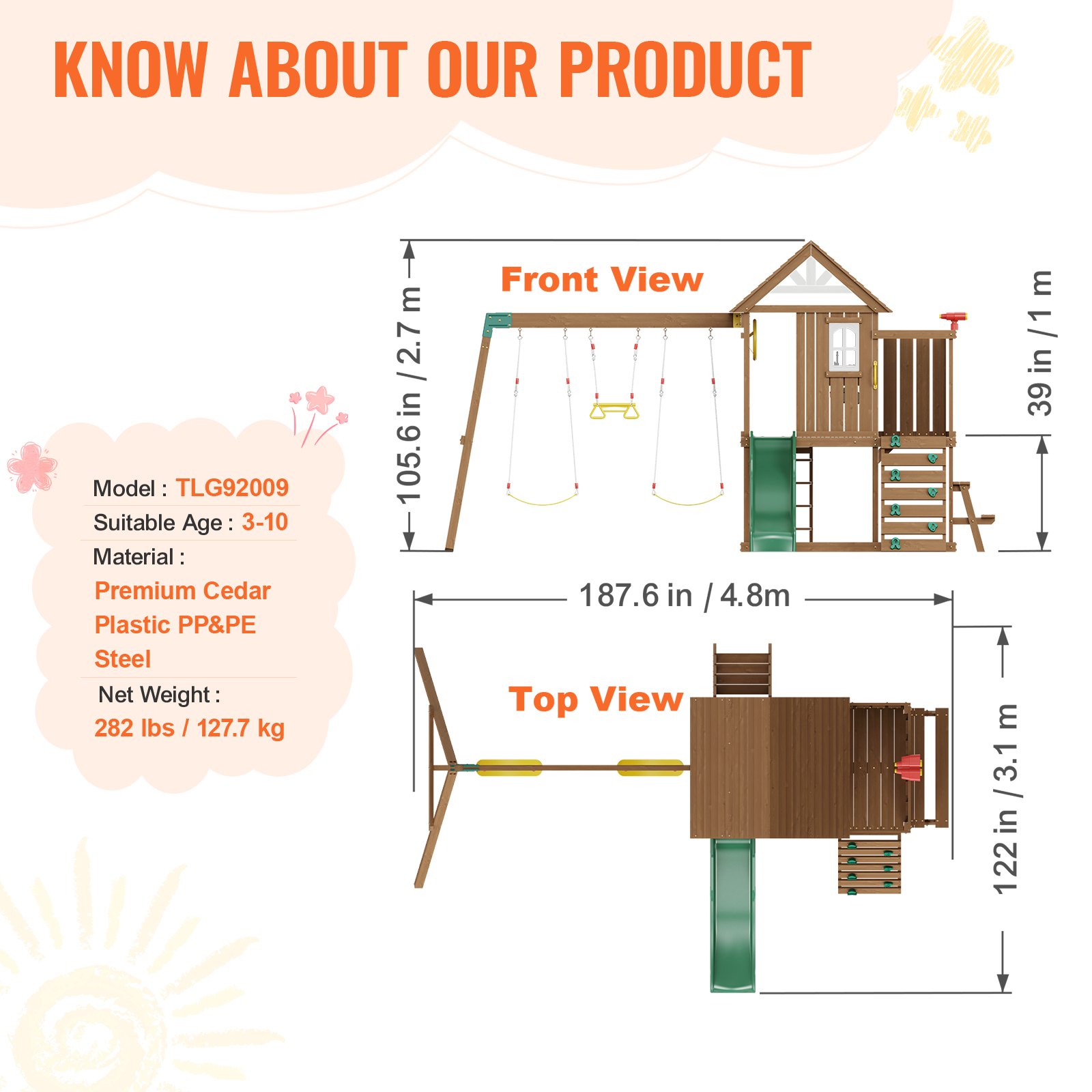 VEVOR Wooden Swing Set, 9 IN 1 Outdoor Playground Sets for Backyards, 2 Swings, Trapeze Bar, 6 FT Slide, Large Upper Fort with Kitchen Toys, Flat Step Ladder, Rock Wall, Picnic Table, Sandbox