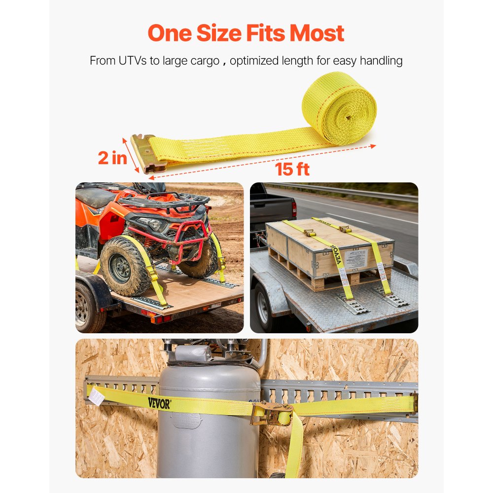 VEVOR Ratchet Straps, 50.8 mm x 4.6 m, 30 Pack E-Track Tie Down Straps, 1995 kg Break Strength & 662 kg Rated Load, Tie Down Ratcheting for Moving, Trailers, Motorcycles, Kayaks, Car Roof, Yellow