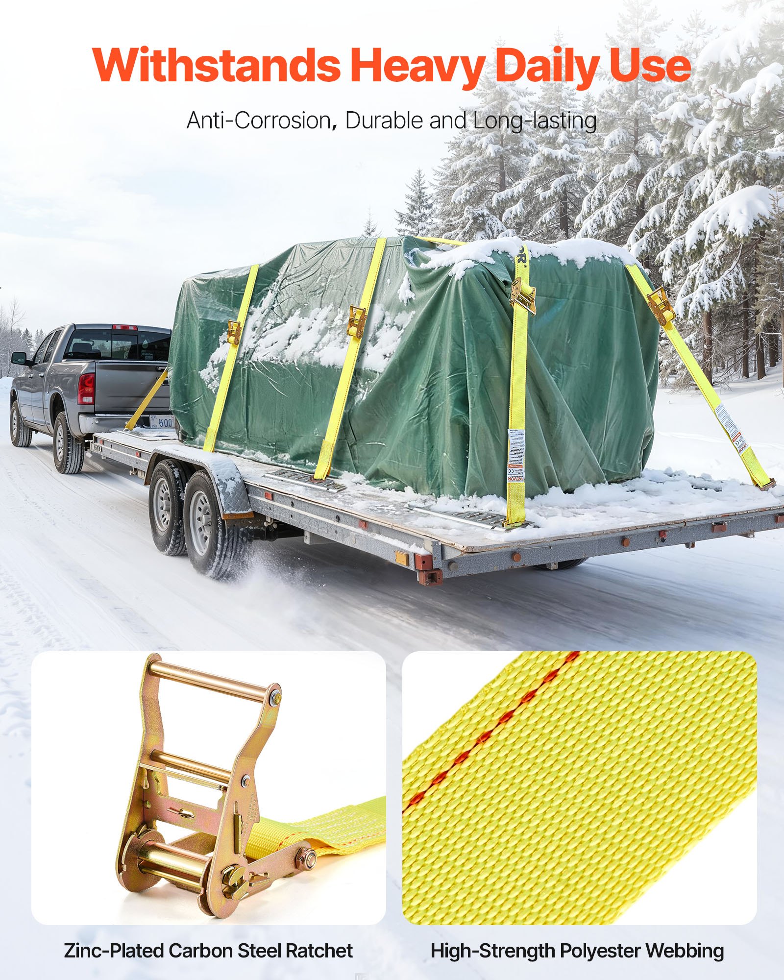 VEVOR Ratchet Straps, 50.8 mm x 4.6 m, 30 Pack E-Track Tie Down Straps, 1995 kg Break Strength & 662 kg Rated Load, Tie Down Ratcheting for Moving, Trailers, Motorcycles, Kayaks, Car Roof, Yellow