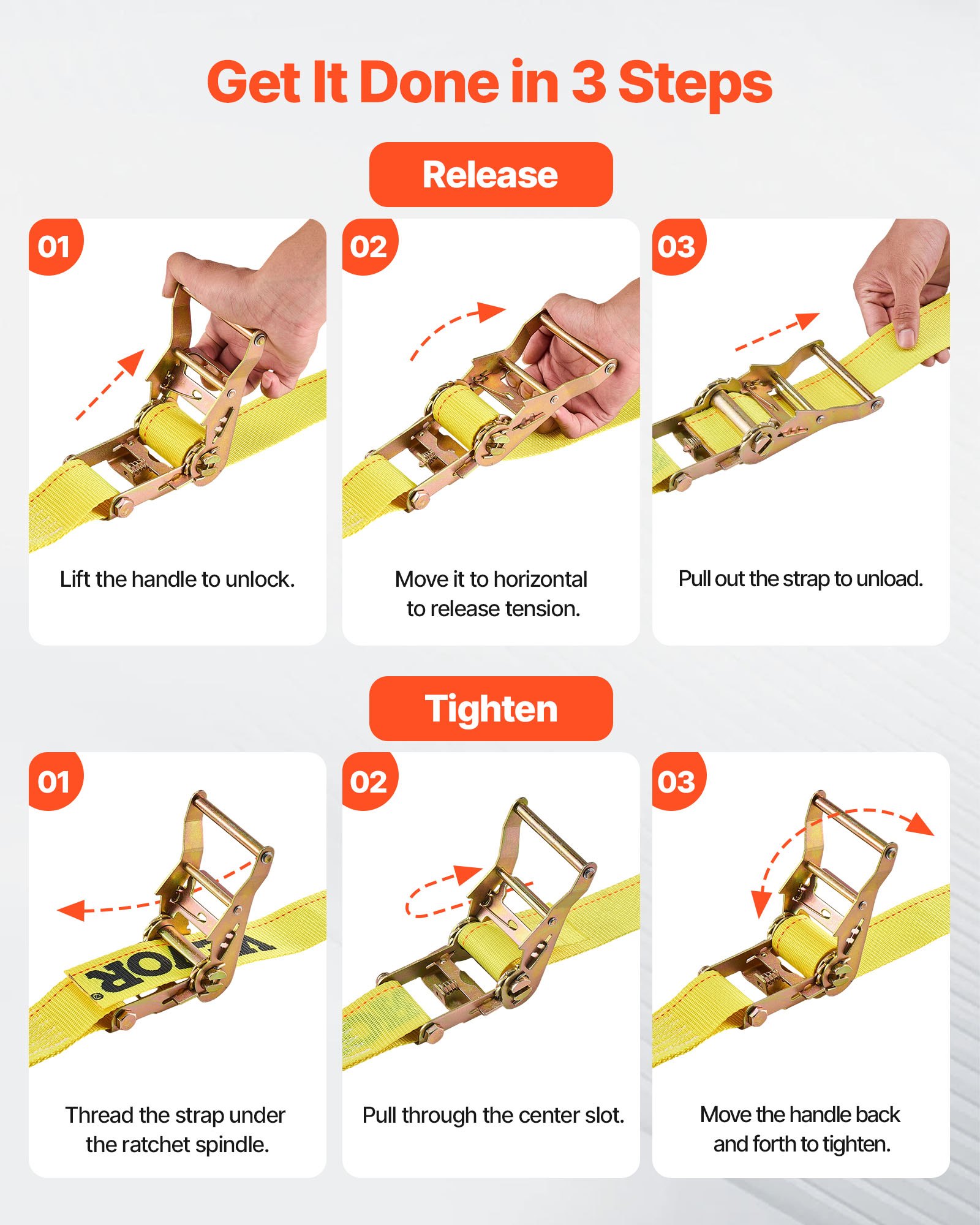 VEVOR Ratchet Straps, 50.8 mm x 4.6 m, 30 Pack E-Track Tie Down Straps, 1995 kg Break Strength & 662 kg Rated Load, Tie Down Ratcheting for Moving, Trailers, Motorcycles, Kayaks, Car Roof, Yellow