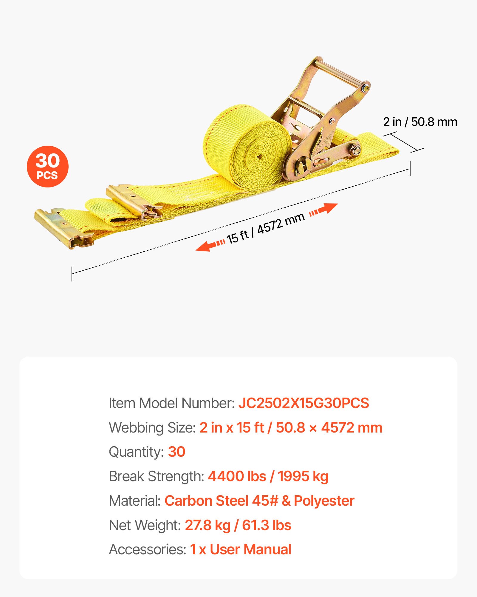 VEVOR Ratchet Straps, 50.8 mm x 4.6 m, 30 Pack E-Track Tie Down Straps, 1995 kg Break Strength & 662 kg Rated Load, Tie Down Ratcheting for Moving, Trailers, Motorcycles, Kayaks, Car Roof, Yellow